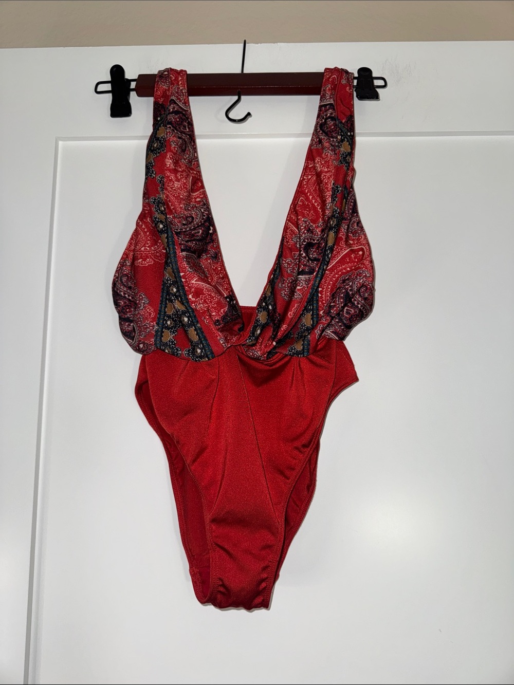 Urban Outfitters Out from Under Red Paisley-Trim One-Piece Sz Small High Cut